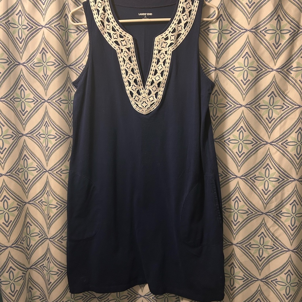 NWOT LAND’S END Navy Blue Women's Dress/Tunic with Cream Embroidery, sleeveless - Picture 5 of 10